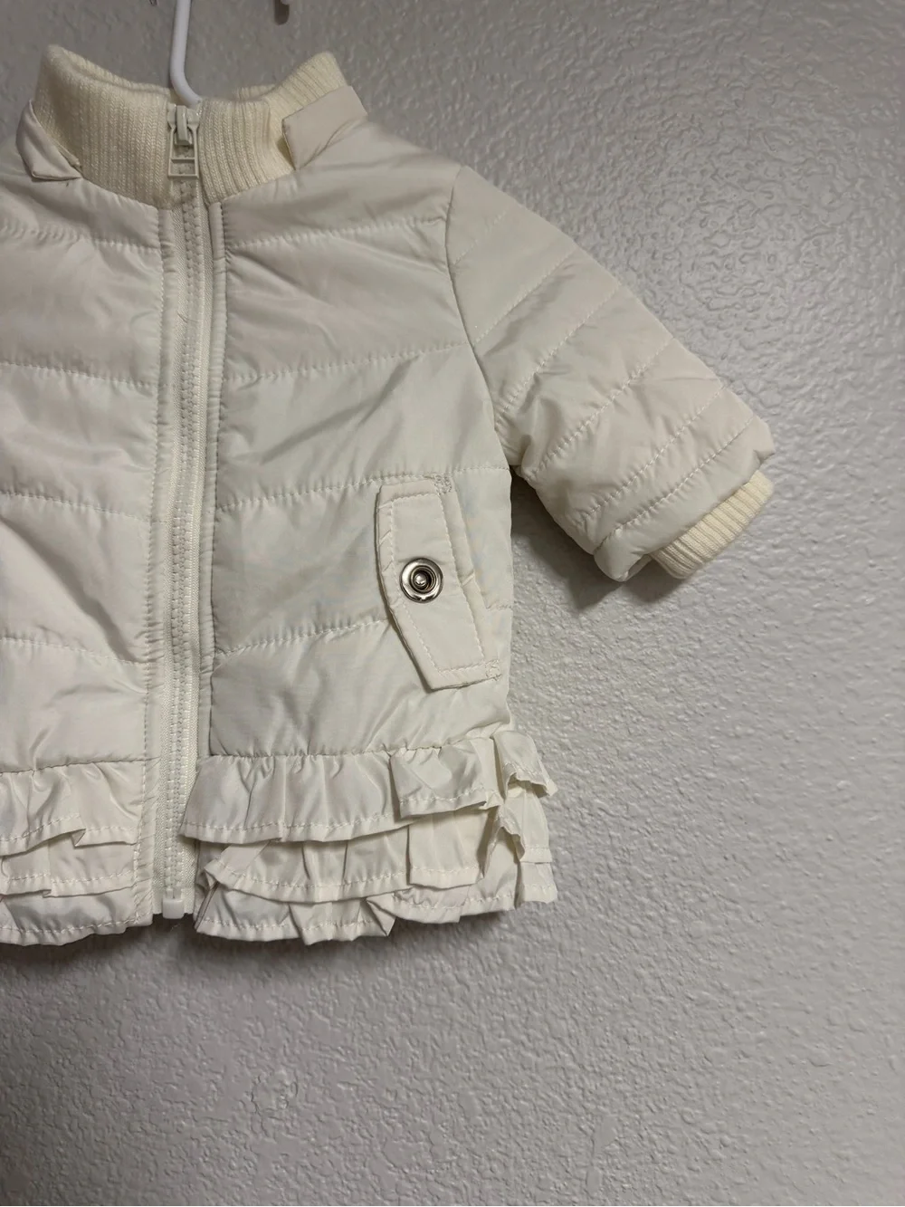 Starting Out Cream Quilted Ruffle Puffer Jacket